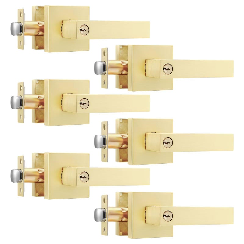 Leydebong 6 Pack Entry Door Levers with Keys  Heavy Duty Hardware for Exterior Front and Back Door  Gold Keyed Entrance Lock Keyed Alike Door Knobs - Image 1